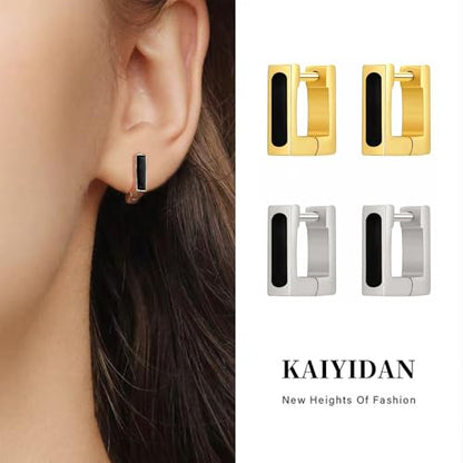 2 Pairs Gold/Silver Hoop Earrings For Women Set Trendy,14K Plated Gold Chunky Huggie Hoop Earings Pack,Oval Twisted Statement Silver Hoops,Fashion Jewelry Gift - color: B1 Black Square Hoops set