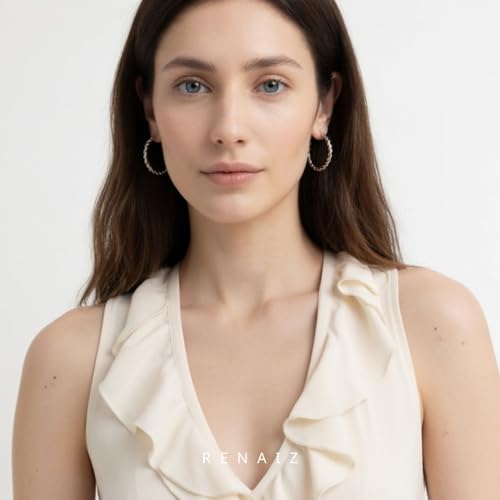 RENAIZ Bold Statement Hoop & Stud Earrings for Women – 14K Gold & Rhodium Plated Maximalist Jewelry, Chunky Geometric Boho Earrings, Hypoallergenic Non-Tarnish Trendy Gift - color: White Gold, style: Twisted Rope