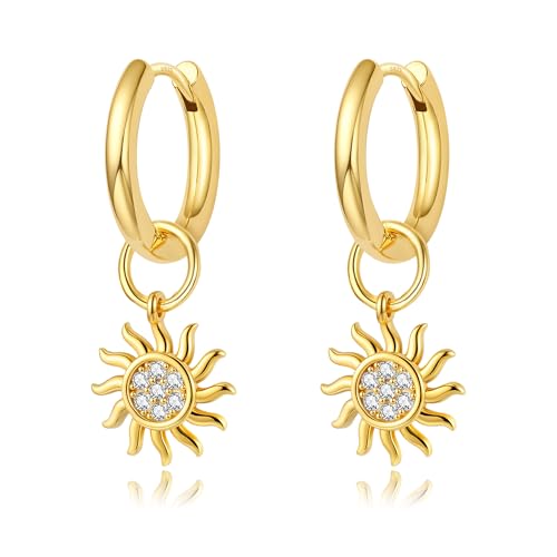 DAILY VIBES Cute Butterfly Star Cross Heart CZ Dangle Earrings for Women | 925 Sterling Silver Post, 14K Gold or Silver Plated, Mini Cubic Zirconia Dainty Drop, Cartilage Small Huggie Hoop Earrings - color: Gold Sun CZ