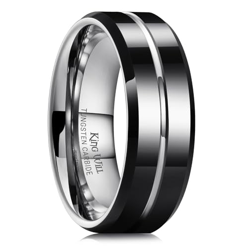 King Will Tungsten Carbide Wedding Band for Men Women-6/8/10mm Width Multicolor Available with Grooved Center Wedding Ring Suitable for Work, Gym Comfort Fit Size 4-16 - color: Black and Silver-8mm