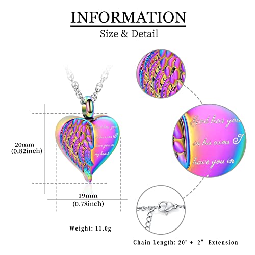 shajwo Cremation Heart Urn Necklace Ashes Jewelry for Women Men Keepsake Pendant Memorial Locket Ash Holder - color: Wing-Rainbow
