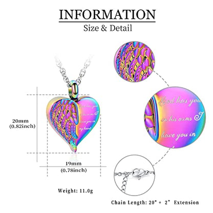 shajwo Cremation Heart Urn Necklace Ashes Jewelry for Women Men Keepsake Pendant Memorial Locket Ash Holder - color: Wing-Rainbow