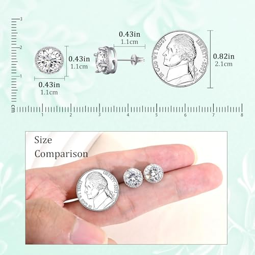 Round Cubic Zirconia Earrings Stud 8mm CZ Studs Earrings Hypoallergenic Princess Cut Earrings 925 Sterling Silver Post Studs Earrings for Women