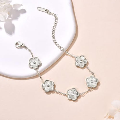 FLY FEI 18K Gold-Plated Four Leaf Clover Bracelet for Women,Adjustable lucky Bracelet Set Jewelry Gift-Hypoallergenic Charm for Birthdays, Wellness & Daily Wear - color: style02-silvery