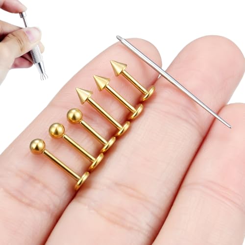 Internally Threaded Labret Studs 18G 16G 14G Surgical Steel Lip Piercing Jewelry with Claw Tool Monroe Snake Bite Jewelry Flat Back Barbell for Women Men Plus Piercing Ball Grabber Tool - color: goldtone, size: 18g,ball+spike end