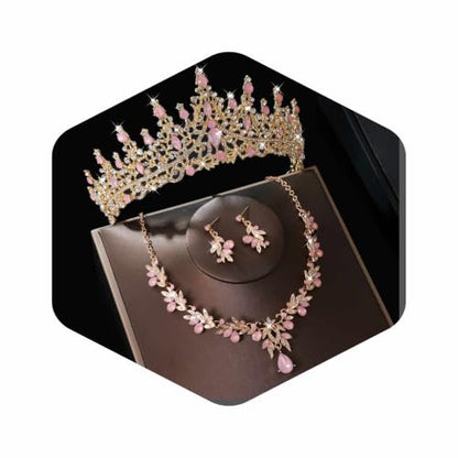 Kamirola Tiaras and Crowns for Women,Tiaras Earrings Necklace, Crystal Bridal Jewelry Set, Costume Jewelry for Women Party Halloween Prom Pageant - color: Gream Pink