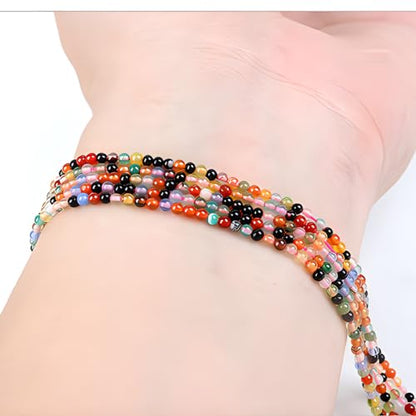 Natural Stone&925 Sterling Silver/18K Gold Anklet,│4MM│9-12 in│, Hand Woven, Adjustable Size - color: Coloured Agate,4MM