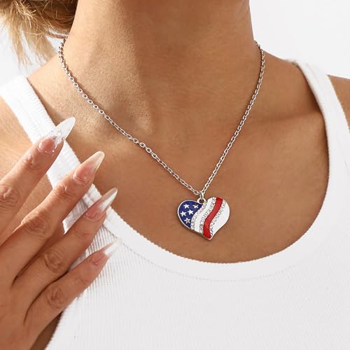 HUJUON American Flag Pendant Necklace Earring Set for Women 4th Of July Butterfly Drop Dangle Hook Earring Independence Day Usa Patriotic Choker Jewelry Gift - color: Heart Silver