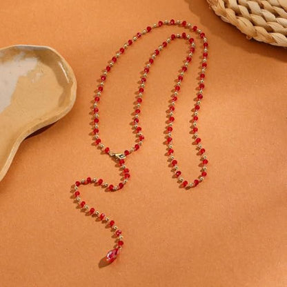 Long Faux Pearl Beaded Y Tassel Lariat Necklace for Women,Boho Dainty Chain Crystal Rhinestone Statement Necklace Fashion Lightweight Jewelry Gifts - color: Red