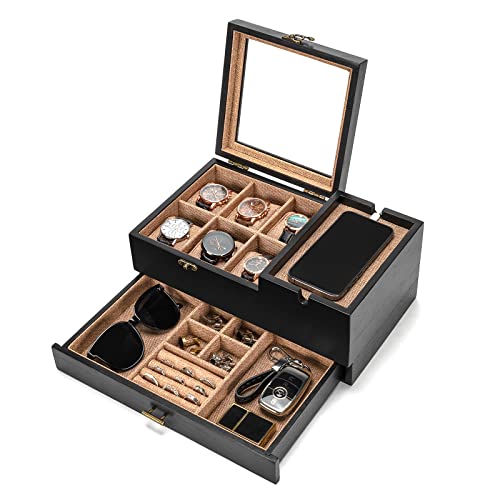Pinzoveco Watch Box Organizer for Men, 6 Slot Mens Jewelry Box Display & Storage Watch, Solid Wood Watch Case for Men, Gift for Boyfriend Fathers Day Birthday Gifts (Black) - color: Black