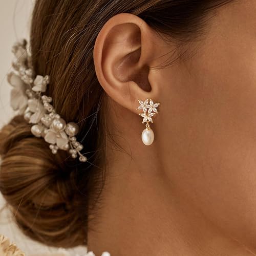 Pearl Earrings for Women:Gold Wedding Dangle Drop Earring Pearl Jewelry | 14K Gold Plated Pearl Drop Earrings for Women,Dainty Wedding Bride Earring Studs,Gold Dangle Drop Earring,Waterproof Jewelry - size: 1 pcs-9