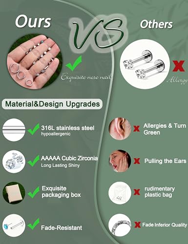 YADOCA 18Pairs Hypoallergenic Threadless Flat Back Earrings for Women 20G | Surgical Steel Push in Nose Stud Rings Labret Cartilage Lip Rings Medusa Nostril Conch Tragus Piercing Jewelry - color: B:Stud+Hoop, size: 20G-6MM