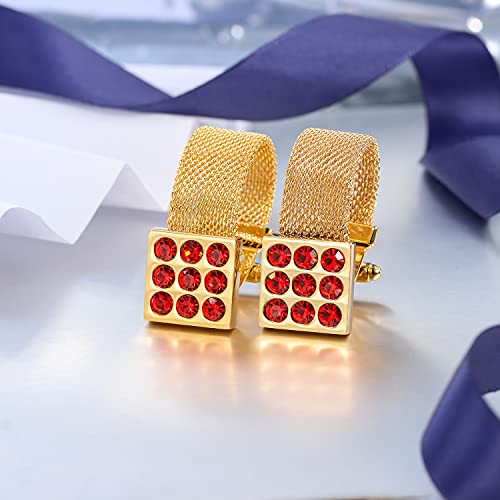 HAWSON Mens Cufflinks with Chain - Stone and Shiny Gold Tone Shirt Accessories - Party Gifts for Young Men - color: 24K Gold Color+Siam Red Crystal 1