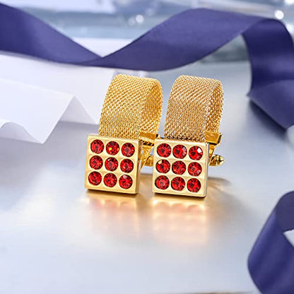 HAWSON Mens Cufflinks with Chain - Stone and Shiny Gold Tone Shirt Accessories - Party Gifts for Young Men - color: 24K Gold Color+Siam Red Crystal 1