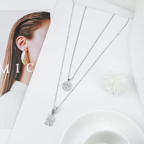 14K Gold Plated Alphabet Necklace Cubic Zirconia Letter Pendant, Personalized Name Jewelry Gift for Women, Customizable A-Z, Birthday/Mothers Day Gifts for Womens - color: White Gold, style: Style-R