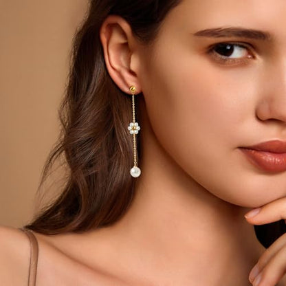 Pearl Earrings for Women 14k Gold/Silver Pearl Drop Earrings Long White Pearl Tassel Dangle Statement Earrings Bridal Wedding Dainty Prom Earrings Birthday Gifts Jewelry - color: Gold Daisy Pearl Drop Earrings