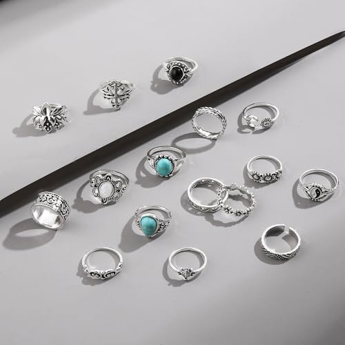 Airvess Vintage Knuckle Rings Set, Chunky Turquoise Stackable Rings, Silver Joint Finger Stacking Rings, Bohemian Western Jewelry for Women - style: 16 Pcs
