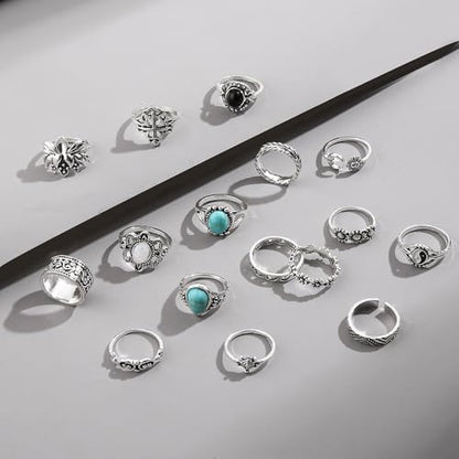 Airvess Vintage Knuckle Rings Set, Chunky Turquoise Stackable Rings, Silver Joint Finger Stacking Rings, Bohemian Western Jewelry for Women - style: 16 Pcs