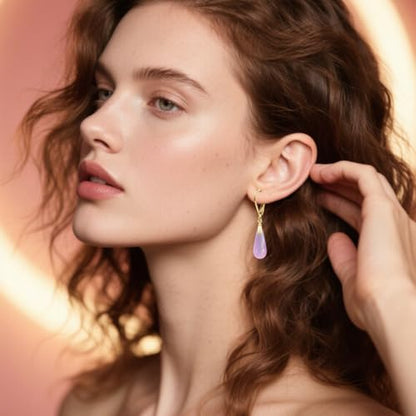 Natural Waterdrop Stone Drop Earrings,Yellow Gold Plated Real Genuine Teardrop Crystal Quartz Gemstone Dangle Earrings for Women Her - color: B03_Amethyst