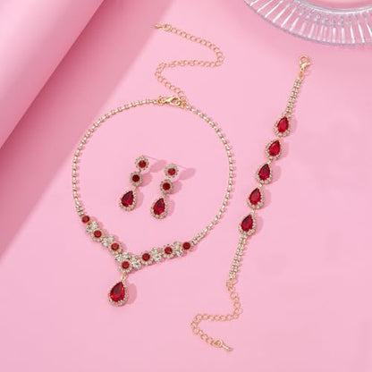 Paxuan Silver/Gold Rhinestone Crystal Wedding Bridal Bridesmaids Earrings Bracelet Set for Women Brides Bridesmaids Crystal Rhinestone Bracelet Earrings Set for Wedding Bridal Prom Pageant - color: Red