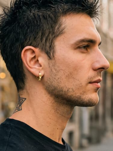 PROSTEEL Stainless Steel Huggie Hoop Earrings for Mens Gold/Black/Silver | Skull/Infinity Pattern, Spike/Cuban Links 4 Design Options Hypoallergenic Lightweight Earring Hip Hop Punk Gothic Jewelry - style: Spike Hoop-Gold