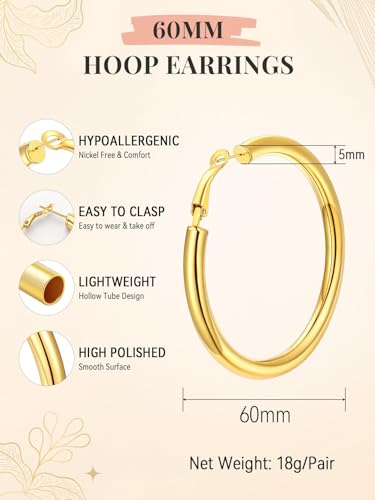 FaithHeart Silver/Black/Gold Stainless Steel Chunky Hoop Earrings for Women | Hypoallergenic Lightweight Hoop Earrings, Trendy Statement Thick Hoop, 20/30/40/50/60/70/80mm - color: Gold, size: 60mm