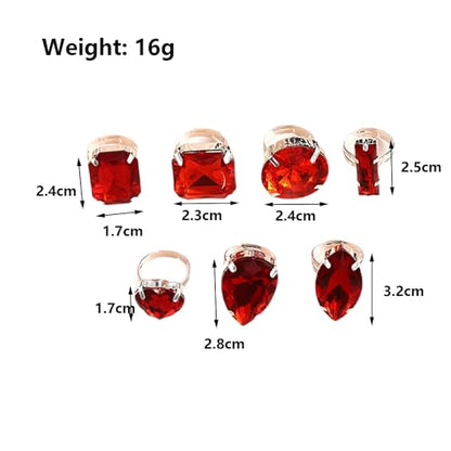 Chunky 7Pcs Silver Crystal Knuckle Rings Set Geometric Rhinestone Waterdrop Open Rings Stackable CZ Circle Square Finger Rings Jewelry Set for Women - color: Red