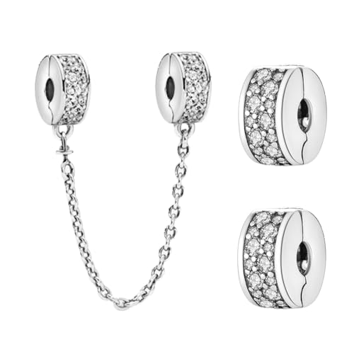 Annmors S925 Clip Spacer Safety Chain Stopper Charms for Pandora, Gift Mom Daughter Friend Sister Wife Grandma Girlfriend Fmaily On Christmas Mothers Valentines Halloween Graduation - color: D01-2pcs Clear Pavé Clip Charm & Safety Chain Set