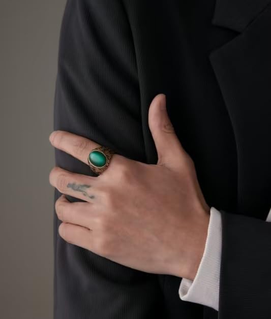 Retro Large Tiger Eye Stone Turquoise Wedding Ring For Men Classical Gothic Stainless Steel Rings - color: Gold-Green