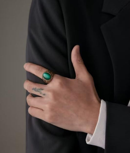 Retro Large Tiger Eye Stone Turquoise Wedding Ring For Men Classical Gothic Stainless Steel Rings - color: Gold-Green
