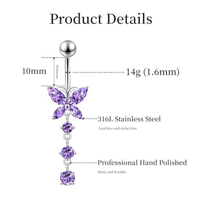 LEE&RO Belly Button Ring Dangle Stainless Steel Belly Rings 14G Belly Button Piercing Cute Navel Ring Belly Piercing Jewelry - style: 8Pcs-Purple
