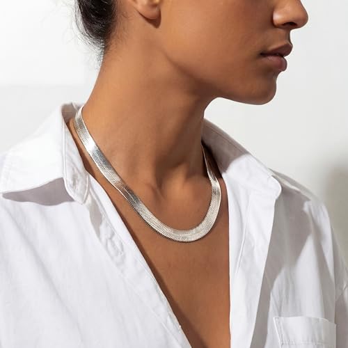 WomenGifts 14K Gold Silver Plated Herringbone Necklace for Women, Dainty Snake Chain Choker, Trendy Simple Long Layered Jewelry Non Tarnish, 3/4/5/8mm,14,16,18,20,22,24,26 Inch Thin & Chunky Options - color: Silver, style: 8mm-18inch
