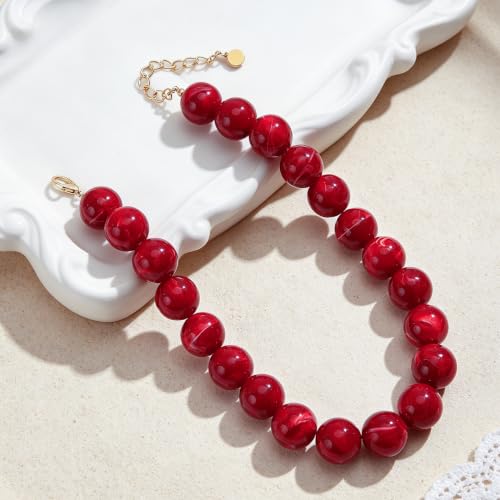 Chunky Beaded Necklace for Women Trendy Boho Collar Statement Necklace Large Round Resin Beads Choker Necklaces Summer Beach Jewelry Gifts - color: Red