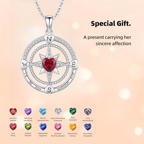 Compass Birthstone Necklace for Women S925 Sterling Silver with Cubic Zirconia - Birthday Jewelry gift for her, Girlfriend, Wife, Mom on Birthday, Anniversary - color: 07 - Ruby
