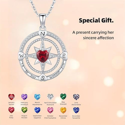 Compass Birthstone Necklace for Women S925 Sterling Silver with Cubic Zirconia - Birthday Jewelry gift for her, Girlfriend, Wife, Mom on Birthday, Anniversary - color: 07 - Ruby