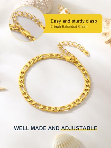 ChainsPro Resizable Anklet Chain for Women Men, Figaro/Wheat/Twist Rope/Cuban Foot Bracelet-Strong with Good Clasp-18K Gold Plated(Send Gift Box) - color: 07:figaro-6mm-gold plated