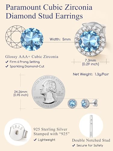 Suplight 925 Sterling Silver Birthstone Stud Earrings for Women, Round/Heart/Teardrop/Square Crystal Diamond Earrings for Women, Dainty Birthday Gifts Jewelry - color: style a-03. round-March(Created Aquamarine)