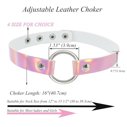 ETHOON Adjustable Leather Choker Collar Soft PU Circle Punk Choker Necklace for Women - color: Laser Pink