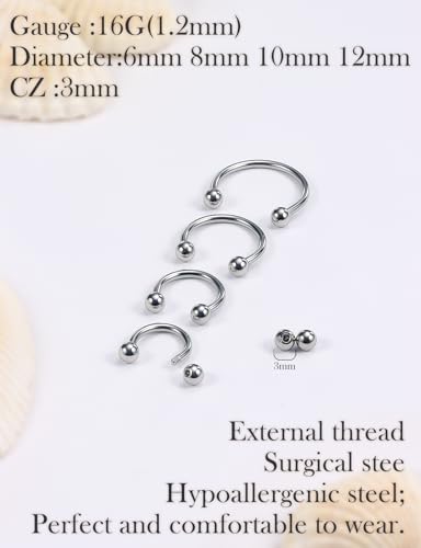 Oufksiyy 16G Horseshoe Septum Rings 6/8/10/12mm with Tool & Ball Grabber,Hypoallergenic for Nose,Rook,Cartilage,Helix,Lips-Silver Gold 316L Surgical Steel Septum Piercing jewelry - color: Silver Tone-16 G(1.2MM)