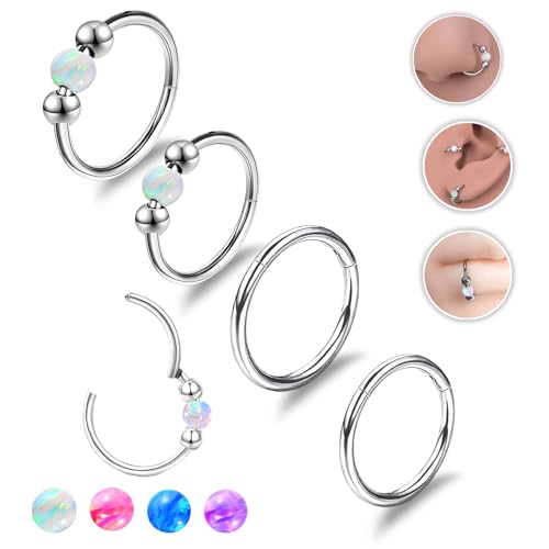 4PCS Nose Rings Opal 18G Nose Hoops 316L Surgical Steel Hypoallergernic Nose Piercings Jewelry for Women Nose Rings Suitable for Septum Rings Cartilage Earring Tragus Earring - color: Silver White, size: 4 PCS 18G 8mm*10mm