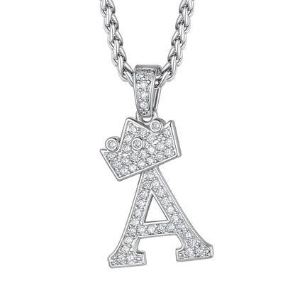 Richsteel Silver Crown Initial A-Z Letter Pendant Necklace for Men Women | Cubic Zirconia Monogram, 316L Steel Chain, 22" + 2" Extender,Hypoallergenic,Gift Box, Hip Hop Jewelry - style: A.