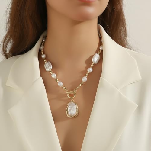Chunky Pearl Necklaces for Women Chunky Baroque Pearl Beaded Gold Chain Link Pearls Pendant Necklace White Pearls Necklace Valentine's Day Jewelry Gifts Party Prom Birthday Outfits Accessorie - style: Pearl Bead Necklace, Pearl Pendant