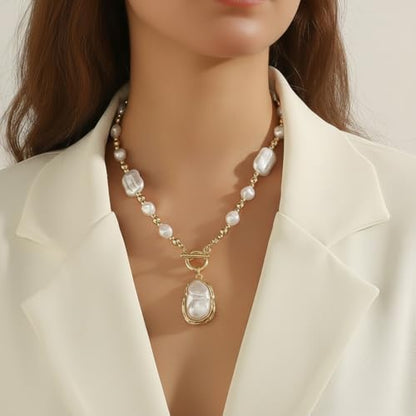 Chunky Pearl Necklaces for Women Chunky Baroque Pearl Beaded Gold Chain Link Pearls Pendant Necklace White Pearls Necklace Valentine's Day Jewelry Gifts Party Prom Birthday Outfits Accessorie - style: Pearl Bead Necklace, Pearl Pendant