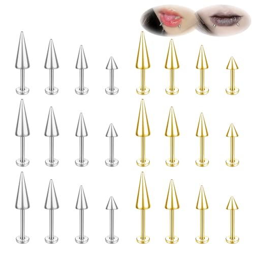 ZS 20G Spike Nose Rings Studs, 18G Stainless Steel Spike Stud Earrings, 16G Septum Lip Rings Cartilage Tragus Helix Piercing for Women Men - color: 24pcs 16g lip ring stud(gold+silver)