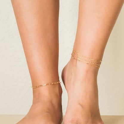 NONAMOIS Ankle Bracelets for Women Dainty 18K Gold Plated Anklet | Stainless Steel Waterproof Satellite Beaded Pearl Star Cross Chain Anklets Non Tarnish Summer Beach Foot Jewelry Gifts - color: Paperclip-Gold