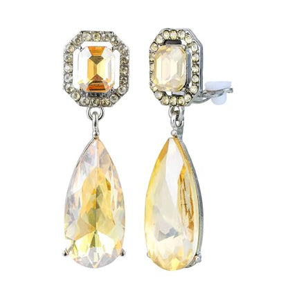 Gorgeous Long Austrian Crystal Teardrop Drop Dangle Clip On Earrings Non Pierced for Women - color: Champagne