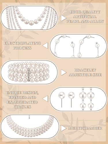 BBTO 8 Pcs Pearl Necklace and Earring Set for Women Faux Pearl Bracelet Costume Jewelry Set for Wedding Bridal Shower Party - style: Chic Style