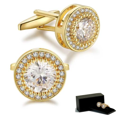 Crystal Cufflinks for Men CZ Cuff Links Sparkle Diamond Gold Ornate Cufflinks for Wedding Groom Best Man - style: Gold