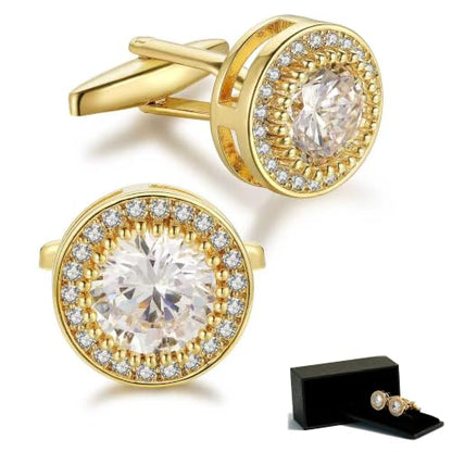 Crystal Cufflinks for Men CZ Cuff Links Sparkle Diamond Gold Ornate Cufflinks for Wedding Groom Best Man - style: Gold