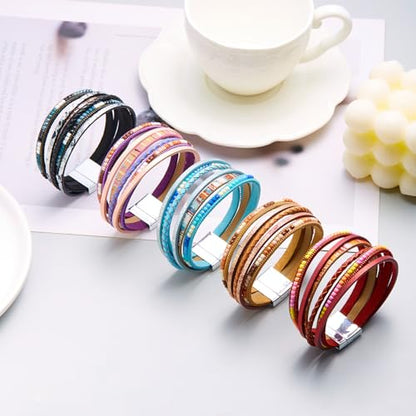 Women's Multi Layer Leather Wrap Bracelet String Bracelets for Women, Boho Braid Multi-Layer Crystal Beads Cuff Women Bracelet Jewelry - color: Red
